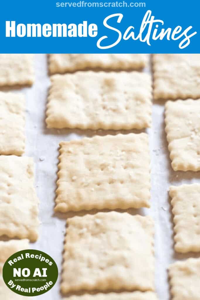baked saltine crackers on parchment paper with Pinterest pin text with NO AI sticker.