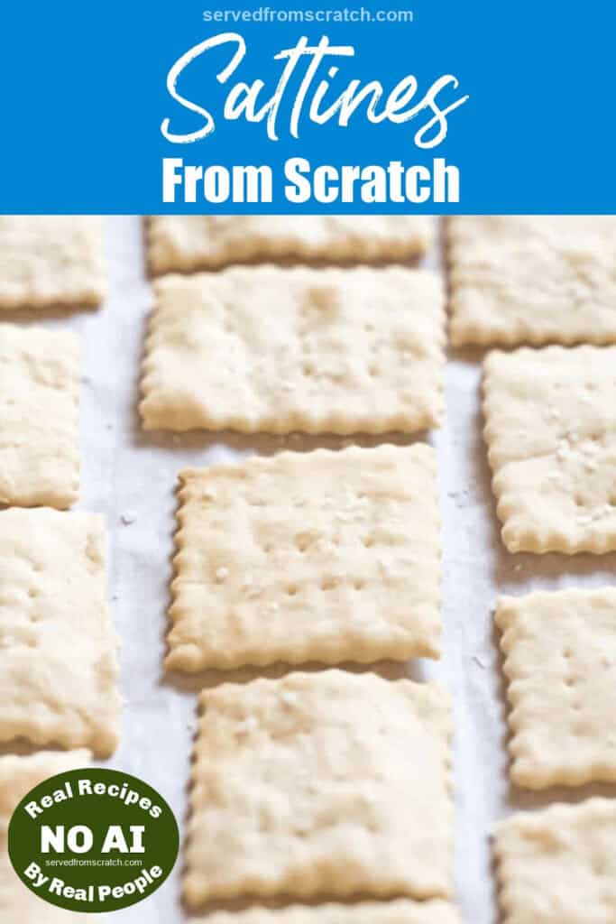 baked saltine crackers on parchment paper with Pinterest pin text with NO AI sticker.