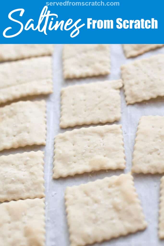 baked saltine crackers on parchment paper with Pinterest pin text.