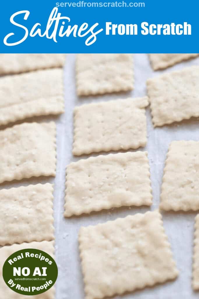 baked saltine crackers on parchment paper with Pinterest pin text with NO AI sticker.