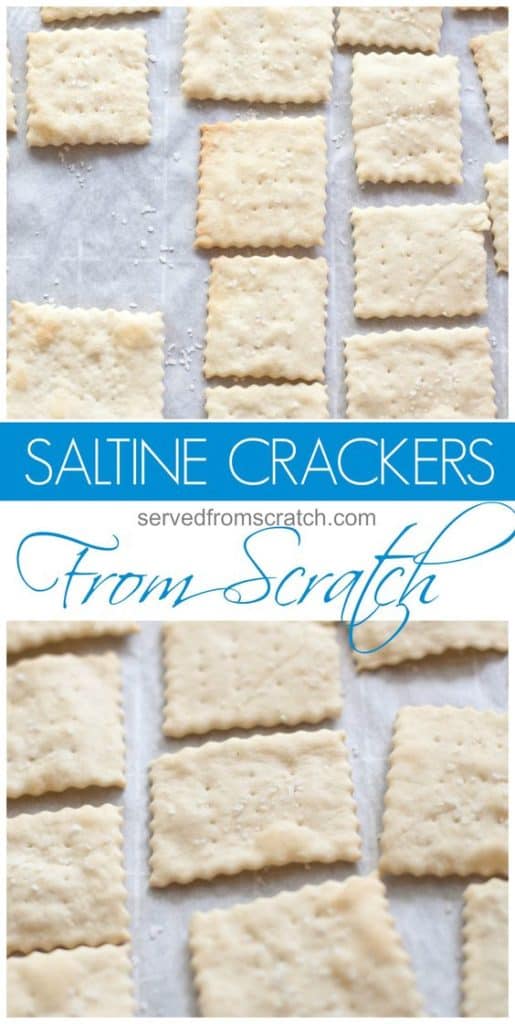 saltine crackers on parchment paper with Pinterest pin text.