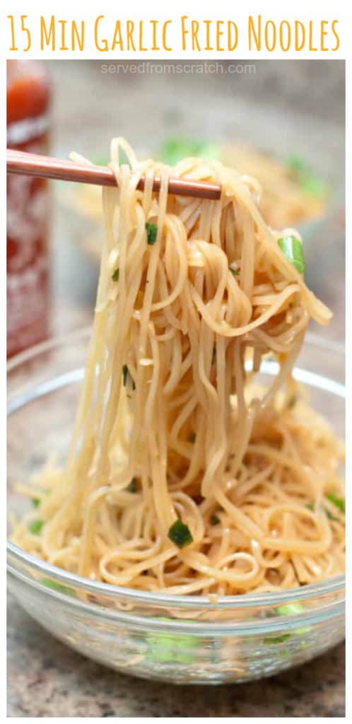 chopsticks holding up noodles with Pinterest pin text.
