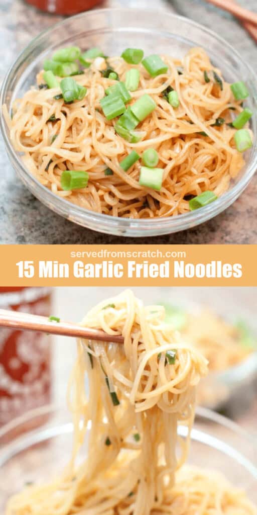 a bowl of noodles with green onions, Pinterest pin text, and then chopsticks holding up some noodles over a bowl.