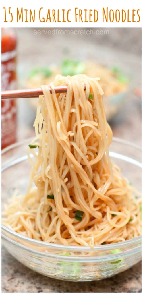 chopsticks holding up noodles with Pinterest pin text.