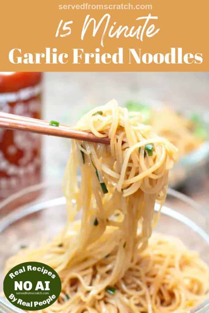 chopsticks holding up noodles with Pinterest pin text with NO AI sticker.