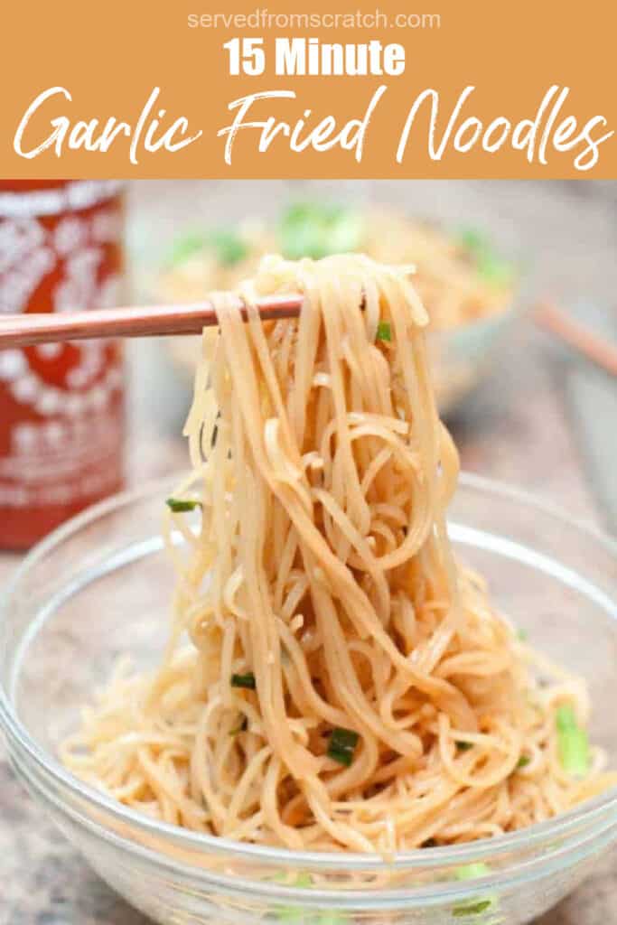 chopsticks holding up noodles with Pinterest pin text.