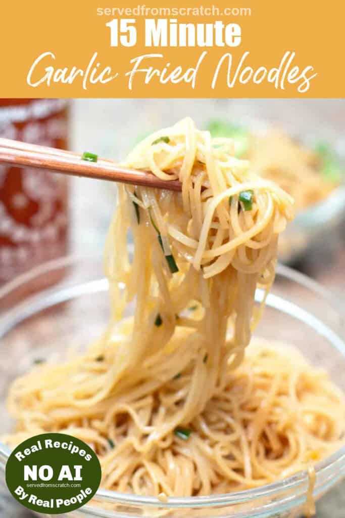 chopsticks holding up noodles with Pinterest pin text with NO AI sticker.
