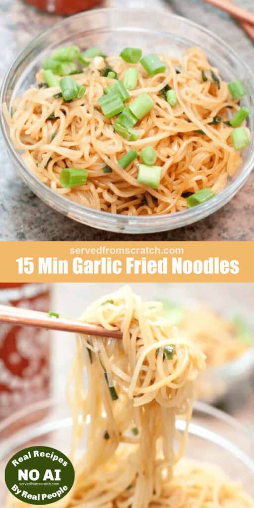 a bowl of noodles with green onions, Pinterest pin text, and then chopsticks holding up some noodles over a bowl with NO AI sticker.