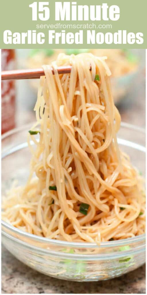 chopsticks holding up noodles with Pinterest Pin Text.