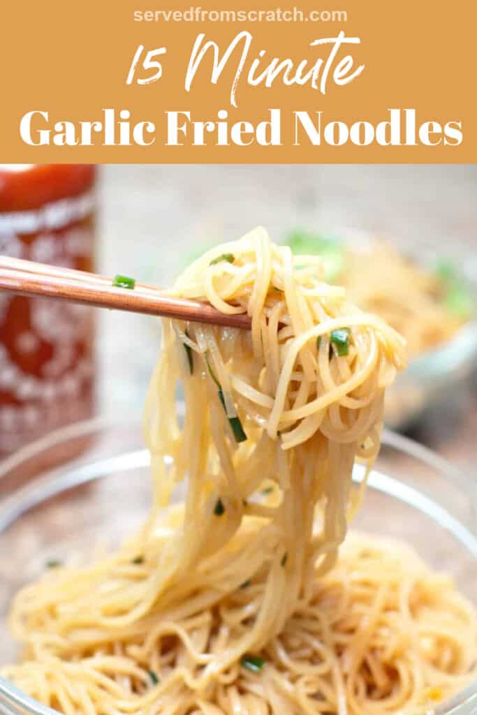 chopsticks holding up noodles with Pinterest pin text.