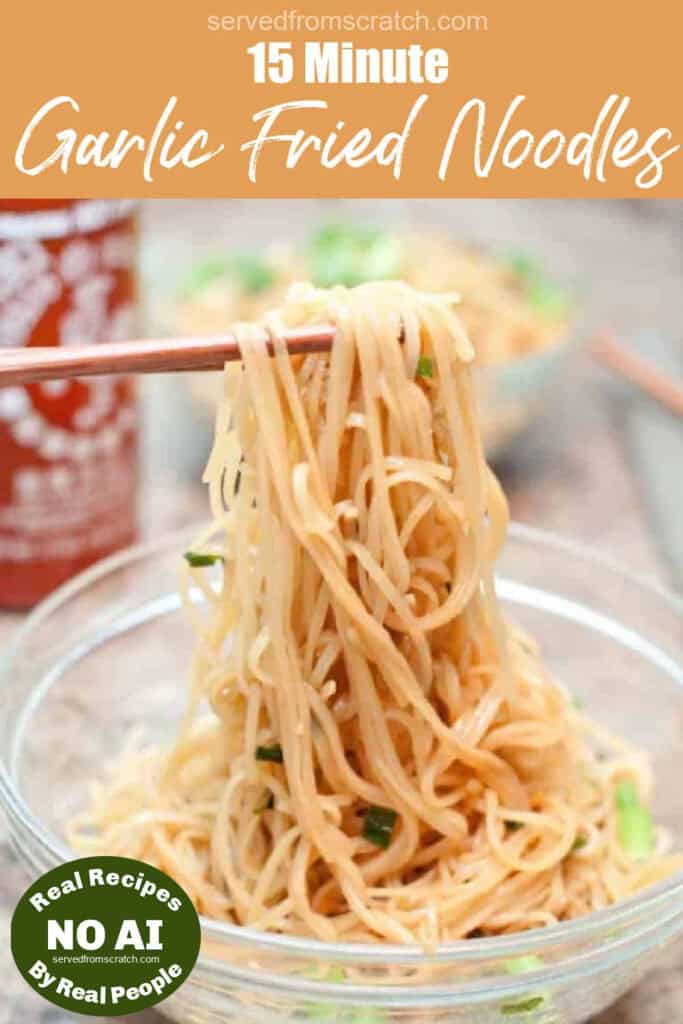 chopsticks holding up noodles with Pinterest pin text with NO AI sticker.