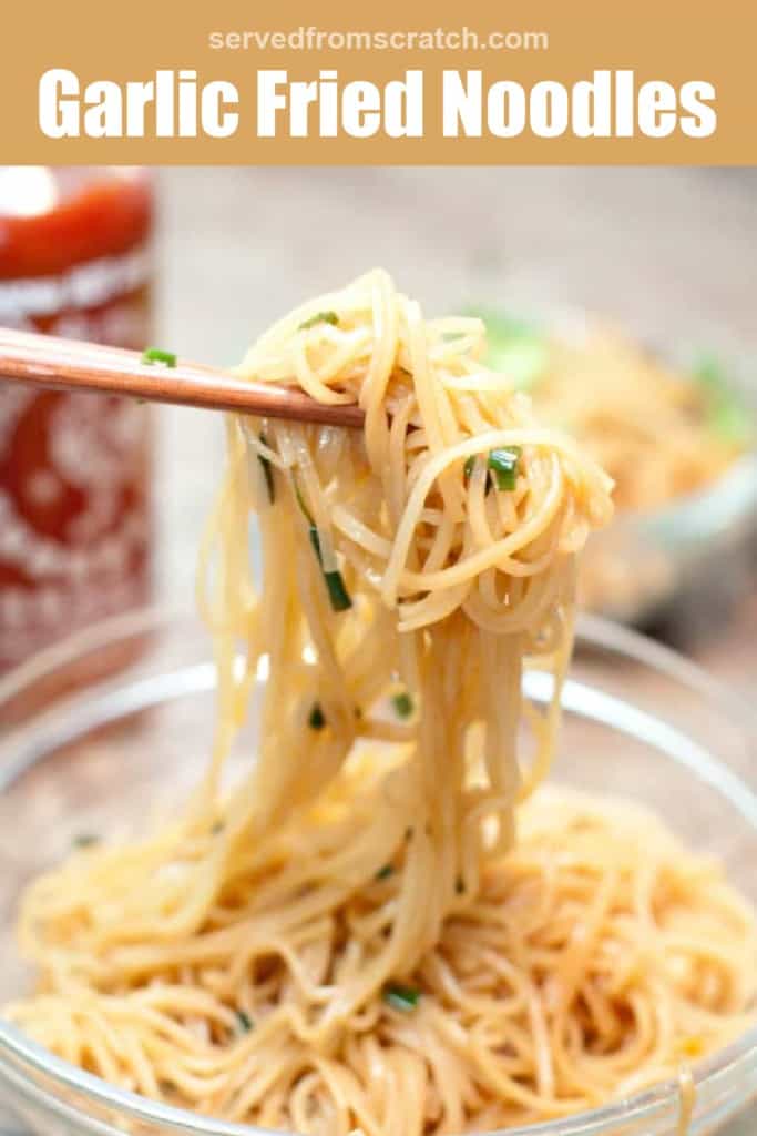 chopsticks holding up noodles with Pinterest pin text.