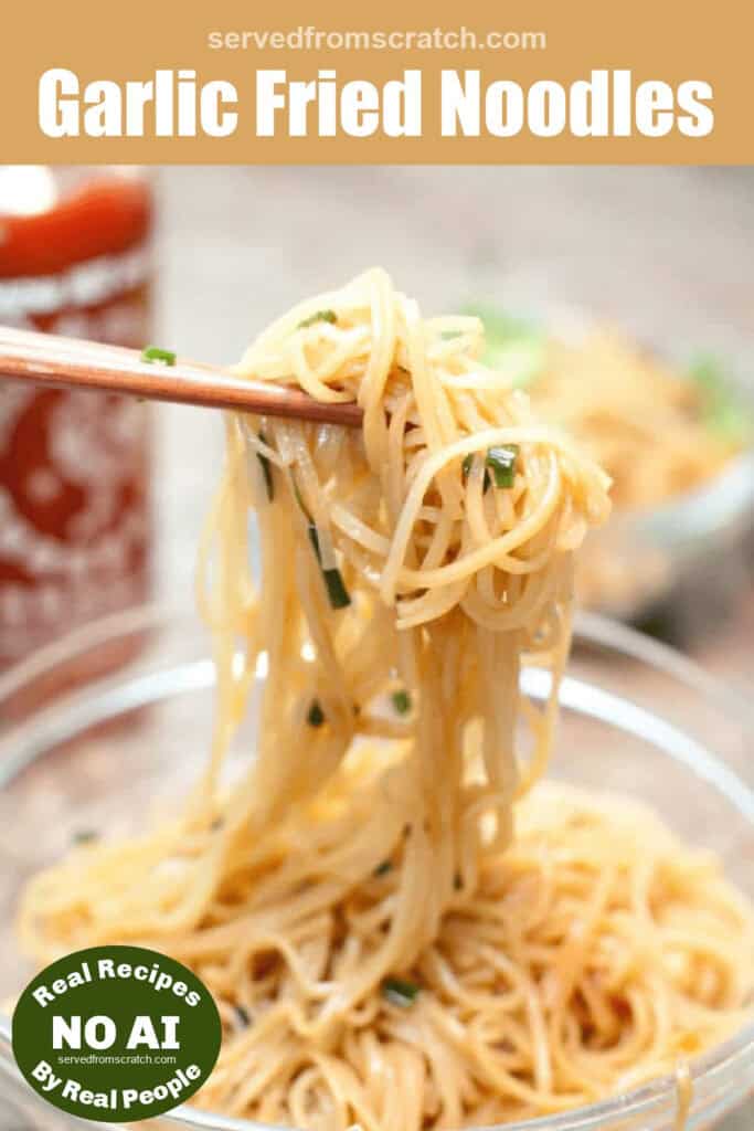 chopsticks holding up noodles with Pinterest pin text with NO AI sticker.