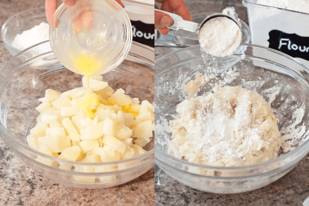 a bowl of cooked potatoes with a whisked egg being poured in and flour being poured in.