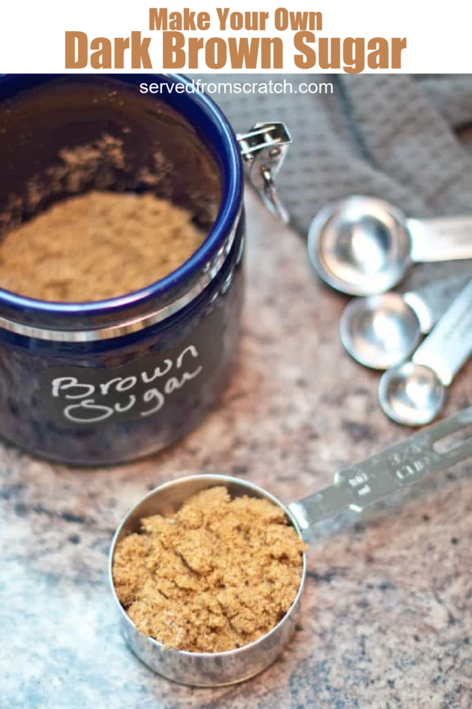 a measuring cup with brown sugar with PInterest Pin text.