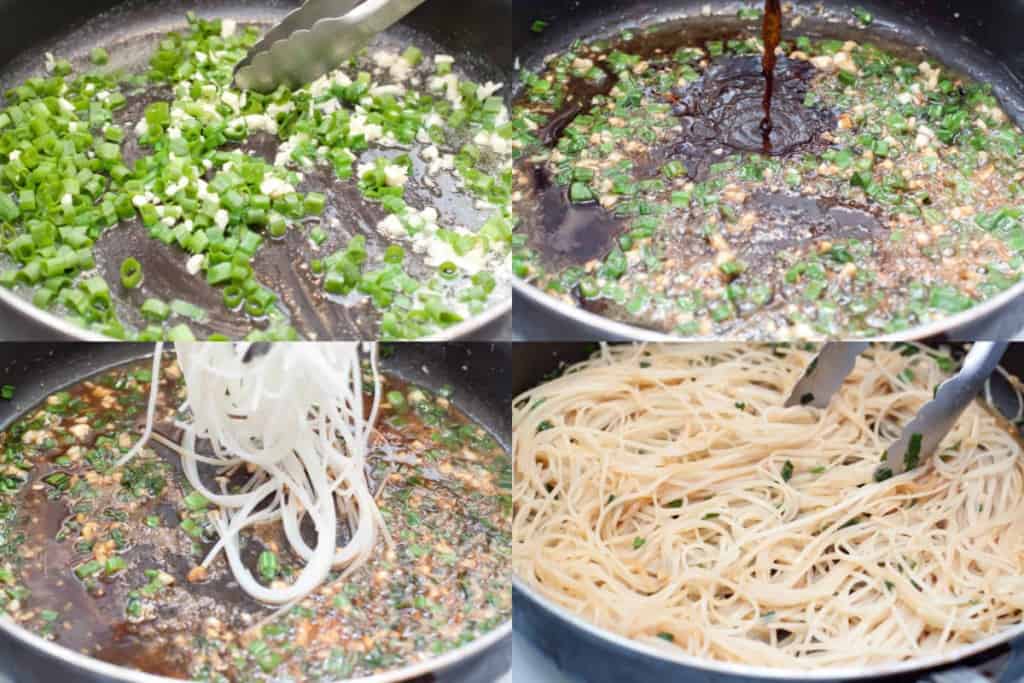 four photos of a pan with butter and garlic and green onions, soy sauce being poured in, noodles being added, and tongs stirred cooking noodles.