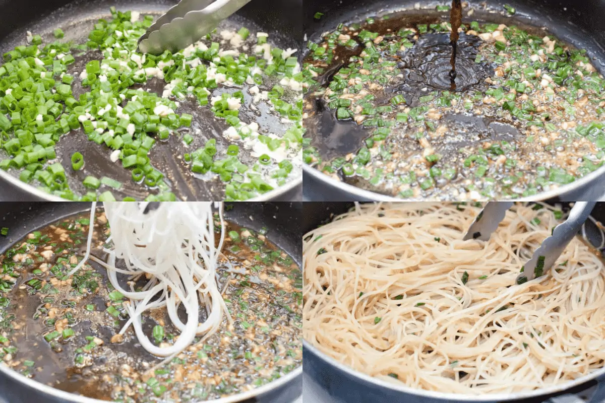 four photos of a pan with butter and garlic and green onions, soy sauce being poured in, noodles being added, and tongs stirred cooking noodles.