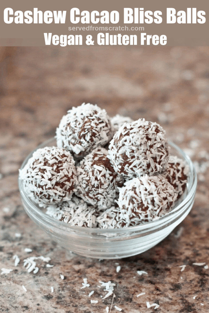 a bowl of coconut covered chocolate balls with Pinterest Pin text.