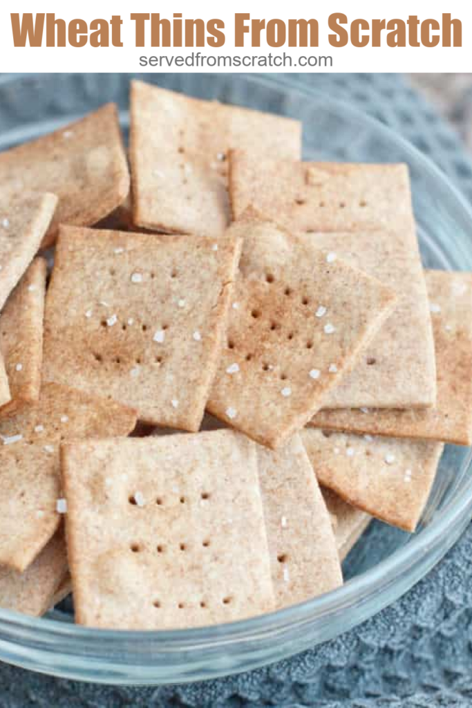 a bowl of crackers and pinterest text.