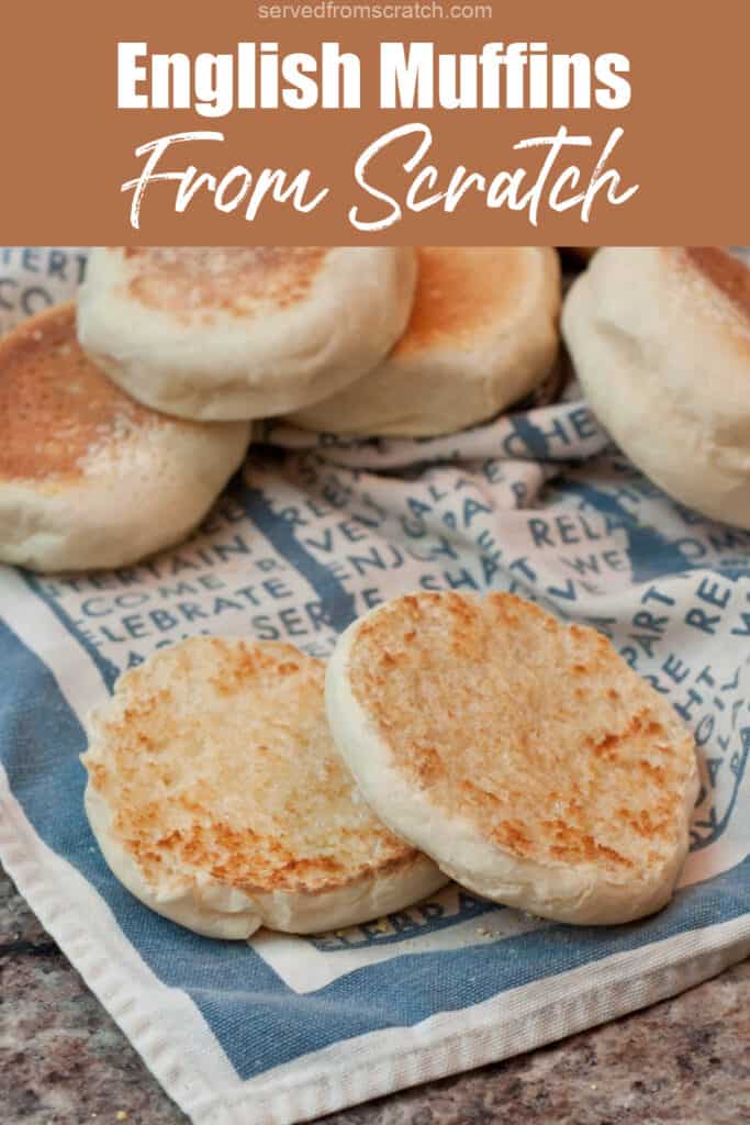 a halved english muffin on a towel with Pinterest pin text.