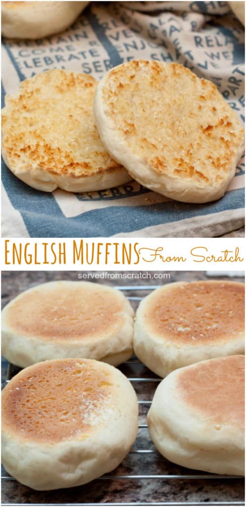 english muffins on a tea towel and one split open and buttered with Pinterest pin text.