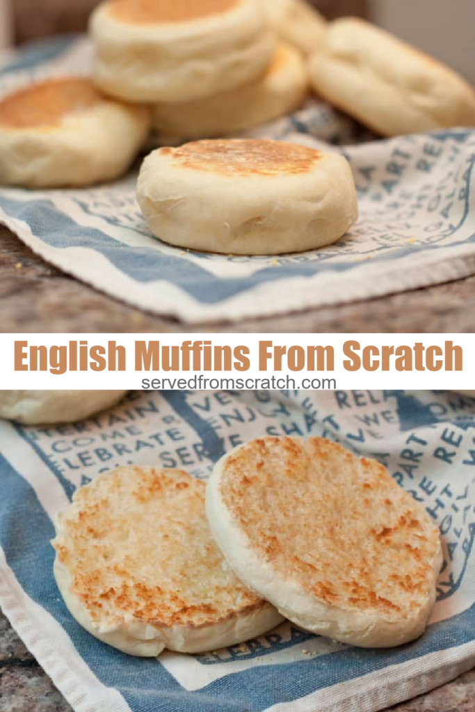 english muffins on a tea towel and one split open and buttered and pinterest text.