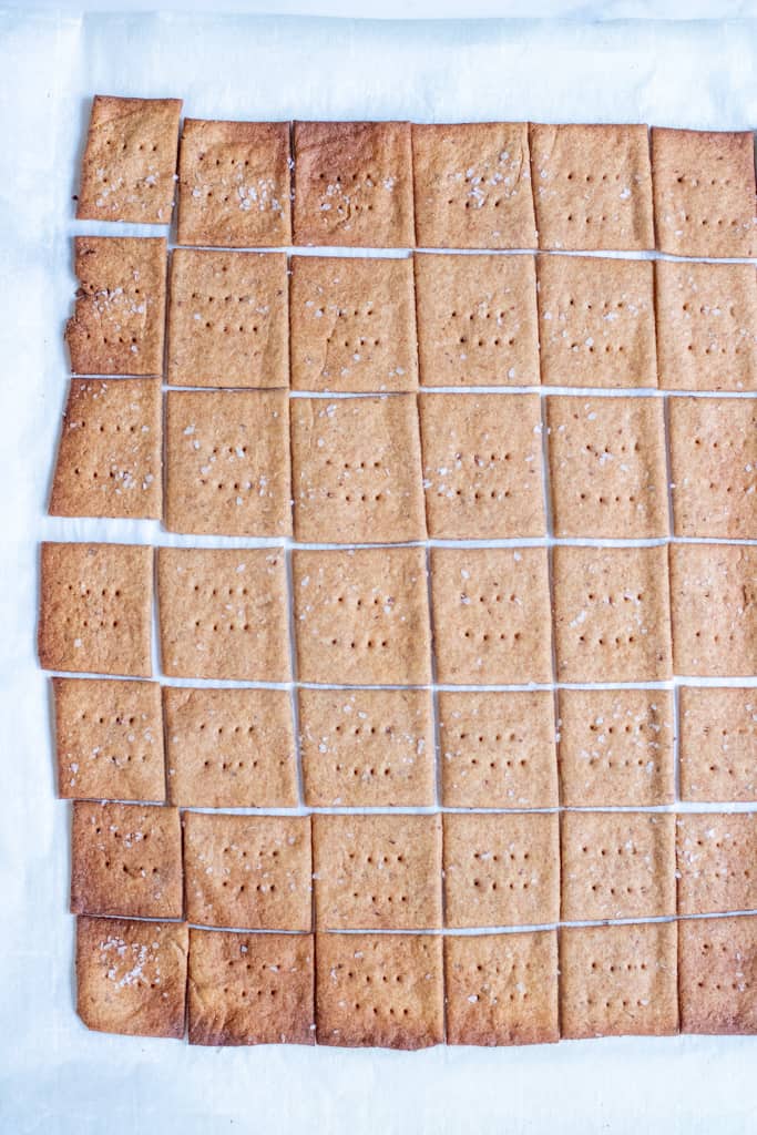 baked crackers on parchment paper.