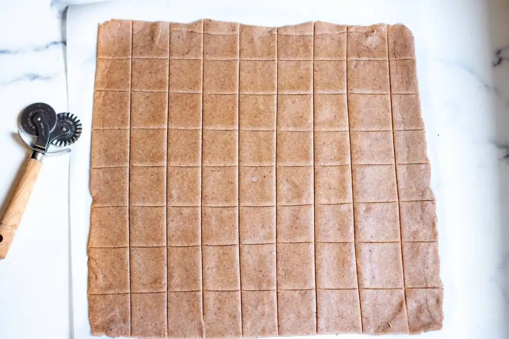 rectangle of dough cut into squares.