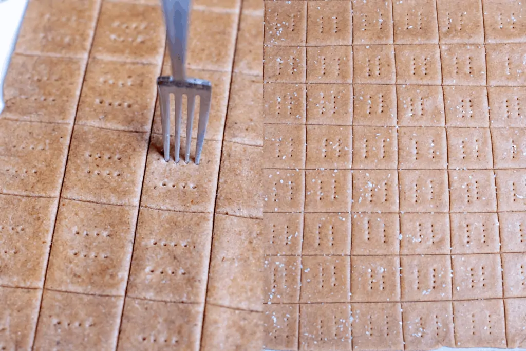 rolled out dough with a fork piercing cut crackers and all crackers on parchment paper.