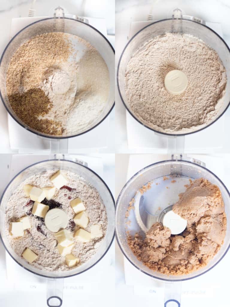 4 pictures of food processor with ingredients, mixed, butter added, and then fully mixed dough.