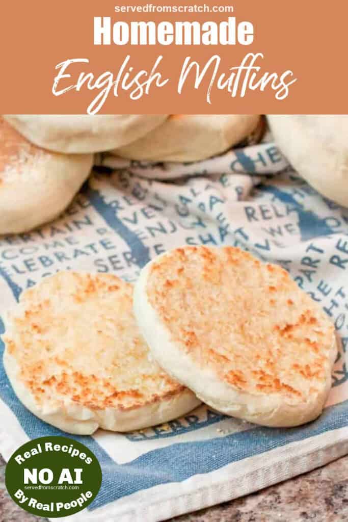 a halved and butter english muffin with Pinterest pin text and NO AI sticker.