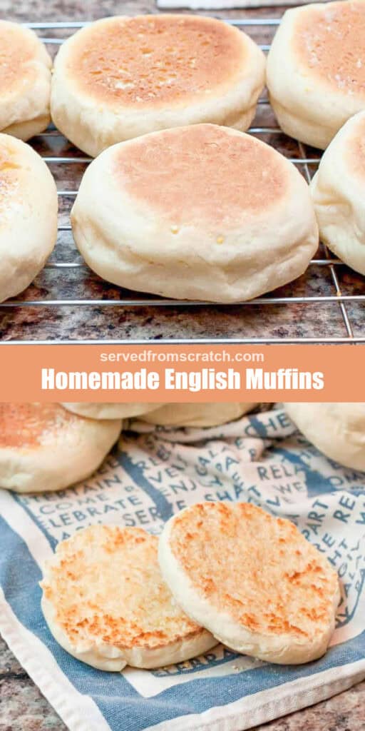 homemade english muffins on a cooling rack, Pinterest pin text, and one split and buttered on a towel.