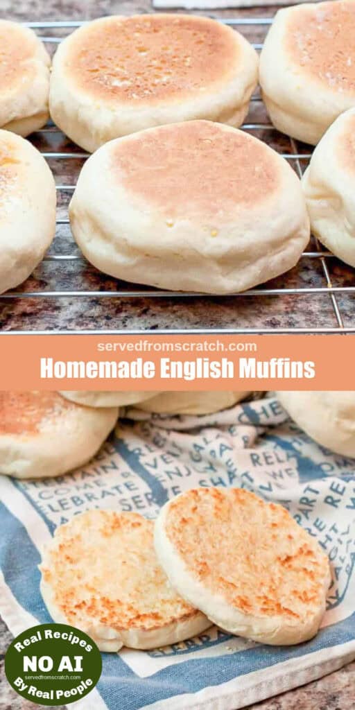a cooling rack of english muffins a halved and butter english muffin with Pinterest pin text and NO AI sticker.