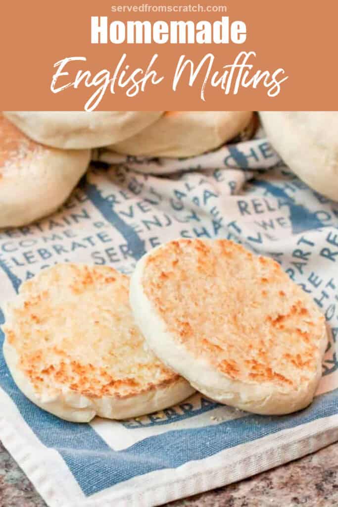 a split english muffin on a towel with Pinterest pin text.