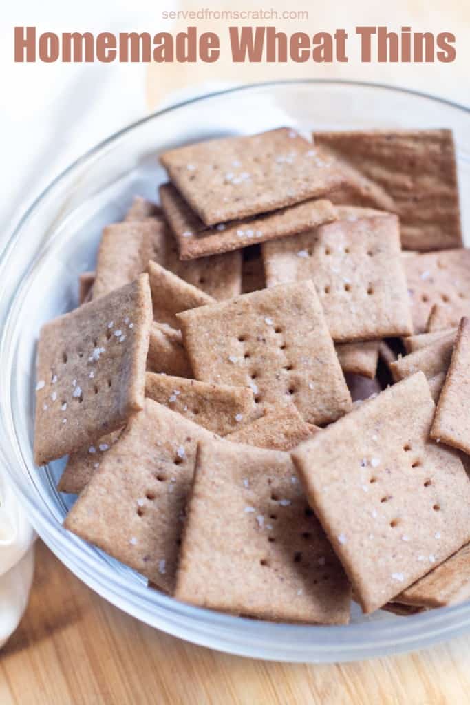 a bowl of homemade crackers with Pinterest pin text.