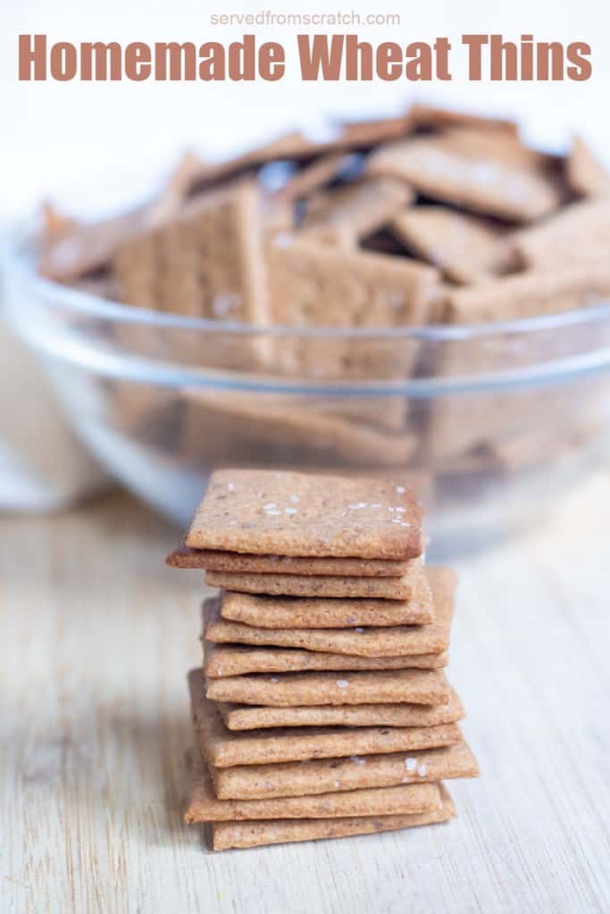 stacked crackers in front of a bowl of crackers with Pinterest pin text.