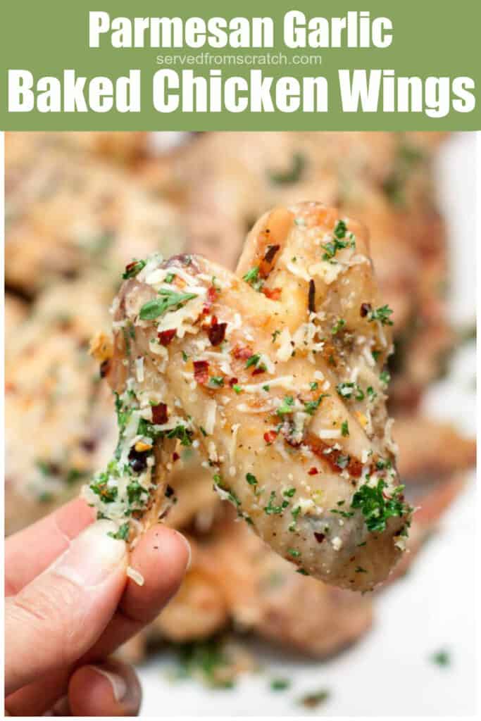 baked parmesan baked chicken wings held up with Pinterest Pin text.