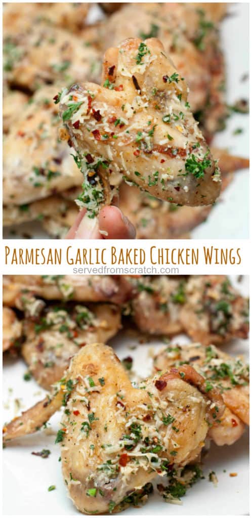 baked parmesan baked chicken wings held and on a plate with Pinterest pin text.