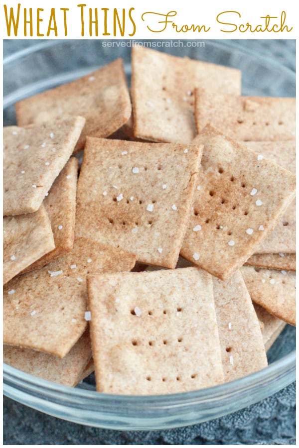 a bowl of crackers with Pinterest pin text.