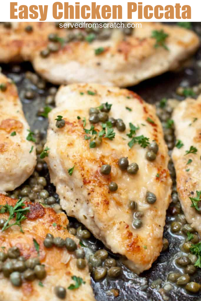 a close up of chicken in a pan topped with capers and pinterest text.