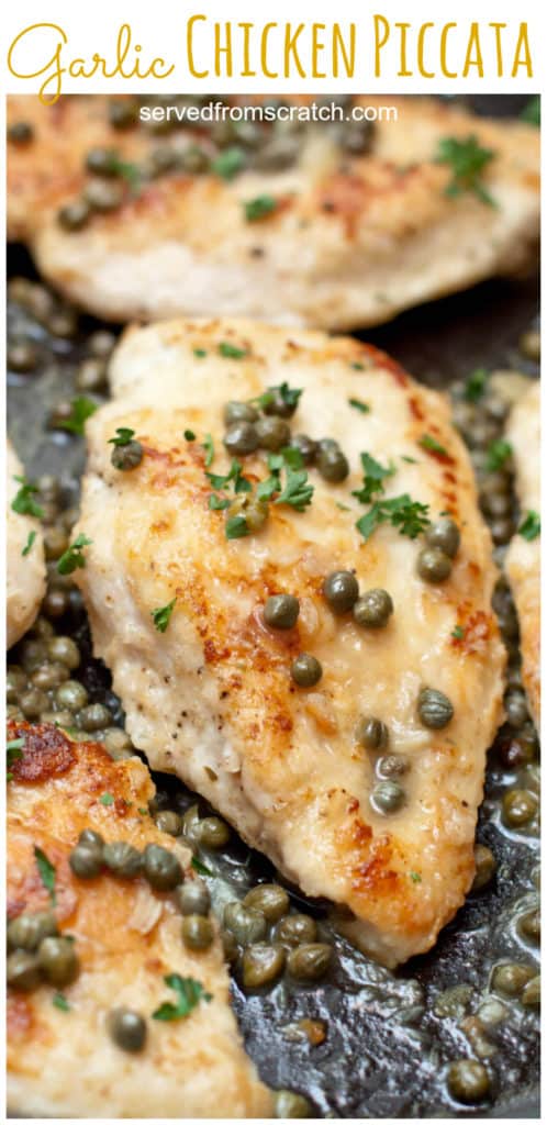 chicken breast cooked in pan with capers and Pinterest pin text.