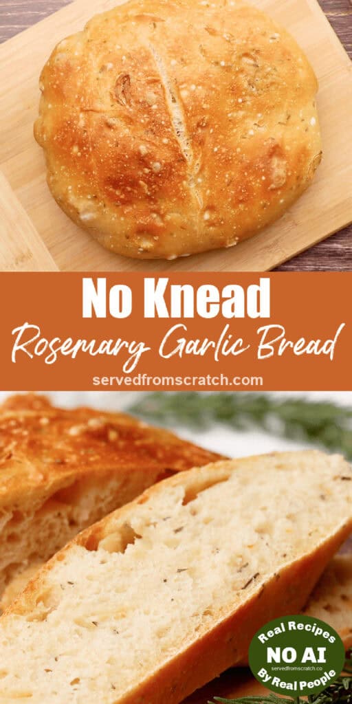 a loaf of bread and a slice of baked bread with Pinterest pin text with NO AI sticker.