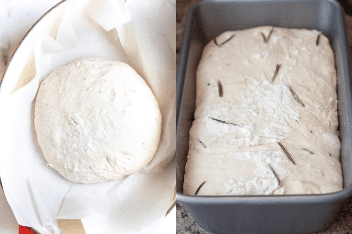 a ball of dough and dough in a loaf pan.