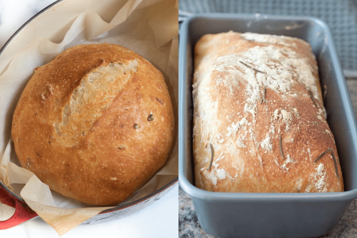 a baked loaf of bread and a baked bread in a a loaf pan.