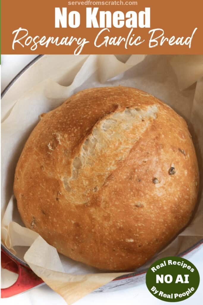 a loaf of baked bread in a dutch oven with Pinterest pin text and NO AI sticker.