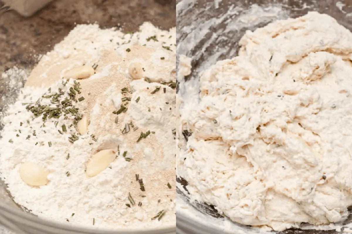 bowl of flour with garlic and rosemary and a bowl of it mixed in a dough.