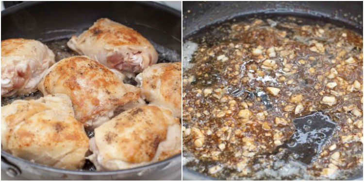 bone in chicken thighs in a pan cooking and a pan of butter and garlic.