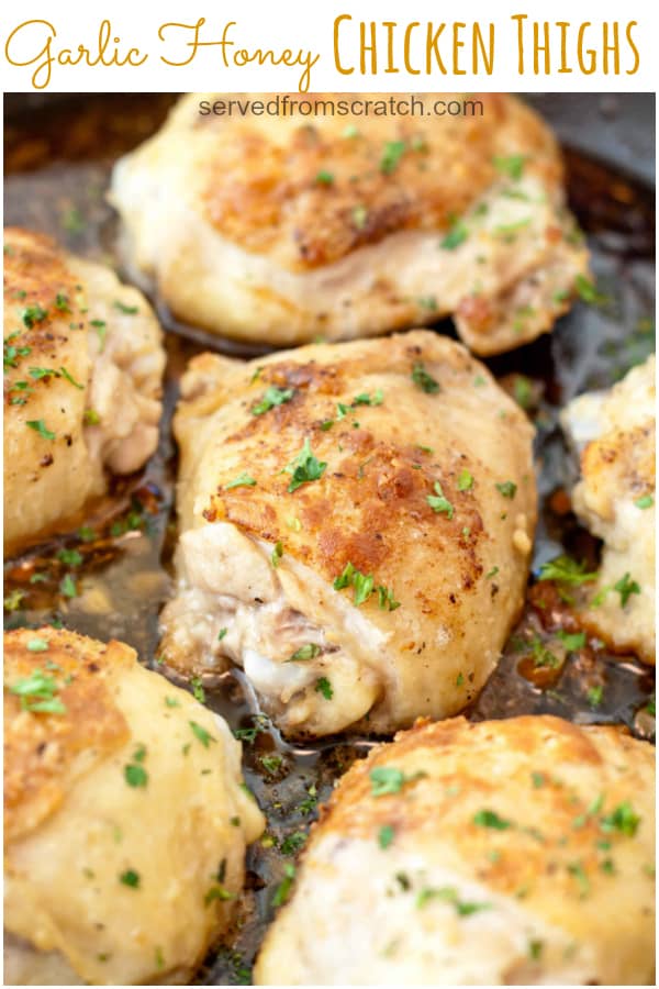 cooked chicken thighs in pan with Pinterst pin text.
