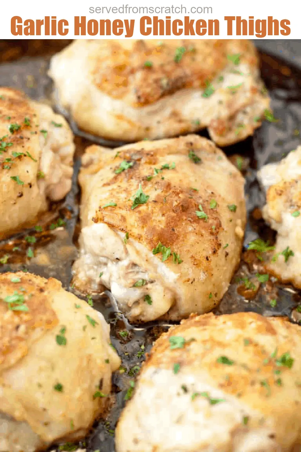 cooked chicken thighs in pan with Pinterst pin text.