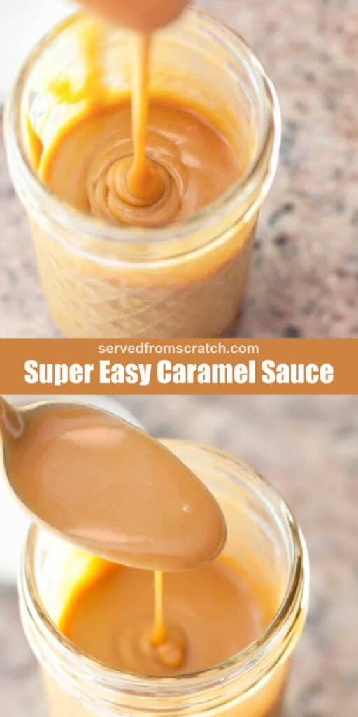 an open jar of caramel sauce with a spoon adding some, Pinterest pin text, and then a spoonful over the open jar.